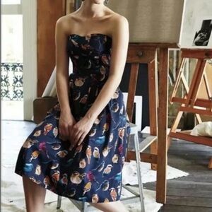Maeve Strapless Navy Bird-Print Midi Dress